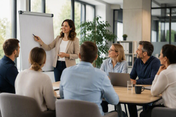 KI-generiertes Bild Eine moderne Seminar- und Besprechungssituation in einem hellen Unternehmensumfeld. Mehrere Teilnehmende sitzen an einem Konferenztisch und folgen einer Präsentation am Flipchart. Die offene Raumgestaltung, die professionelle Arbeitsatmosphäre und die aktive Einbindung der Gruppe vermitteln praxisnahe Weiterbildung, Zusammenarbeit und persönliche Entwicklung direkt im Unternehmen.