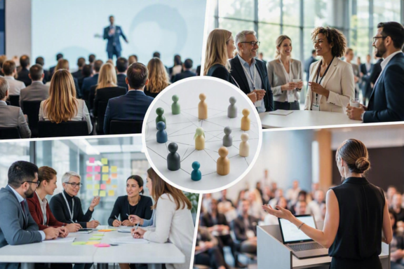 Wissen vernetzen. Zukunft gestalten. Eine moderne Collage aus verschiedenen Szenen einer Fachtagung: Fachvorträge vor großem Publikum, moderierte Diskussionsrunden, Workshops in kleinen Gruppen sowie Gespräche und Networking zwischen Teilnehmenden. Im Zentrum symbolisiert ein vernetztes Modell den Wissensaustausch und die Zusammenarbeit. Die professionelle und offene Atmosphäre steht für Innovation, fachliche Expertise und den gemeinsamen Blick auf aktuelle Herausforderungen und Lösungsansätze.