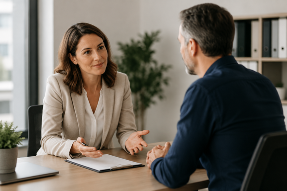 Eine Frau und ein Mann sitzen sich in einer modernen Büroumgebung gegenüber und führen ein vertrauensvolles Gespräch. Vertrauensvolles Gespräch zwischen zwei Personen in einer modernen Büroumgebung als Symbol für Betriebliches Eingliederungsmanagement und erfolgreiche Wiedereingliederung.