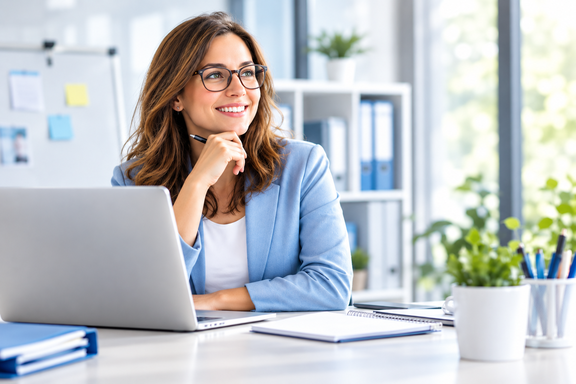 Professionelle Assistenz im modernen Büro Mitarbeiterin im modernen Büro am Laptop – professionelle Assistenz im Büroalltag
