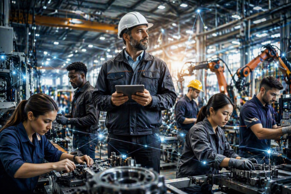 Symbolbild Realistische moderne Industriehalle mit unterschiedlichen Mitarbeitenden an Maschinen und Produktionslinien. Eine zentrale Führungsperson mit Schutzhelm steht leicht erhöht und beobachtet bzw. koordiniert das Team. Mehrere verschiedene Personen arbeiten konzentriert an Maschinen, prüfen Bauteile und bedienen Anlagen. Dezente visuelle Elemente wie Lichtverbindungen oder Zahnräder symbolisieren Zusammenarbeit. Kein Text im Bild. Cinematische Beleuchtung, hochwertige Fotografie, industrielle Farben (Stahlgrau, Blau, Orange-Akzente), scharfe Details, professioneller Konferenz-Look.