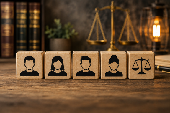 Das Bild zeigt fünf kleine Holzwürfel in einer Reihe auf einem Holztisch. Auf vier Würfeln sind stilisierte Köpfe als Symbol für Personen abgebildet. Der fünfte Würfel trägt das Symbol einer Justizwaage, das für Recht und Gerechtigkeit steht. Im unscharfen Hintergrund befinden sich juristische Fachbücher, eine dekorative Waage und eine warme Beleuchtung. Die Darstellung symbolisiert die rechtliche Vertretung und Interessenabwägung von Menschen.