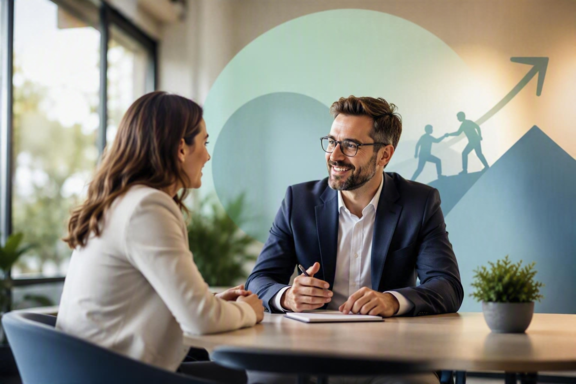 Mit Struktur und Vertrauen in das Mitarbeitergespräch Zwei Personen sitzen in einem modernen Besprechungsraum an einem Tisch und führen ein professionelles Gespräch. Im Hintergrund symbolisieren grafische Elemente wie ein aufsteigender Pfeil und eine unterstützende Silhouette auf einem Berg Entwicklung, Zusammenarbeit und beruflichen Fortschritt. Die helle, freundliche Atmosphäre vermittelt Wertschätzung, Offenheit und eine konstruktive Gesprächskultur. Das Motiv steht für erfolgreiche Jahresgespräche, persönliche Entwicklung und gemeinsame Zielerreichung.